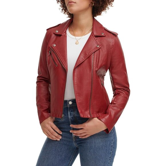 Women's The Classic Faux Leather Moto Jacket Font Full Zipper Deep Cherry Red - Picture 5 of 5